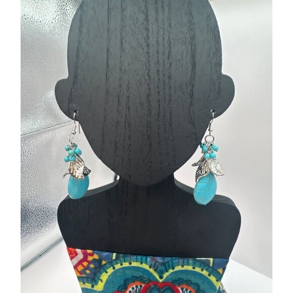 2/$24 Turquoise Teardrop Dangle Earrings With Silver Leaf & Bead Accents - Picture 3 of 6